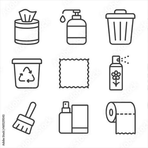 Office Cleanliness Icons. Line style icons of Office Cleanliness Items: disinfectant wipe tub, hand sanitizer pump, trash can,