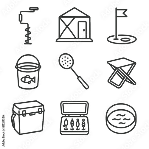 Ice Fishing Essentials Icons. Line style icons of Ice Fishing Setup: ice auger drill, fishing hut, tip-up flag, bait bucket, slush