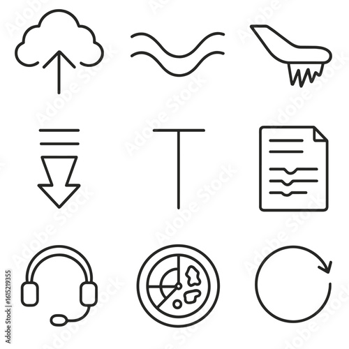 Aviation Weather Line Icons. Line style icons of Aviation Weather Hazards: cumulonimbus updraft, clear-air turbulence wave, icing