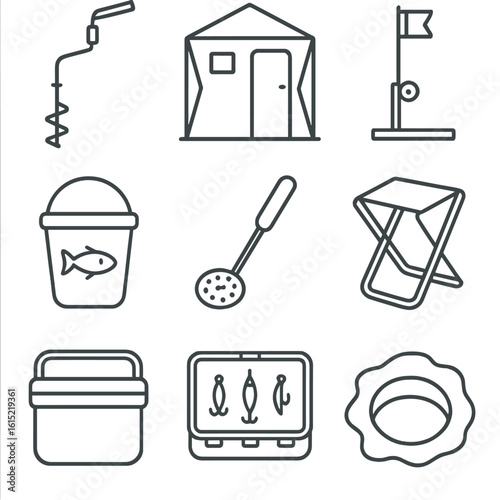 Ice Fishing Essentials Icons. Line style icons of Ice Fishing Setup: ice auger drill, fishing hut, tip-up flag, bait bucket, slush
