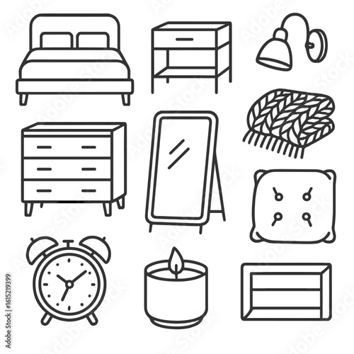 Cozy Bedroom Icons. Line style icons of Cozy Bedroom Setup: upholstered bed frame, bedside table, reading sconce, dresser chest,