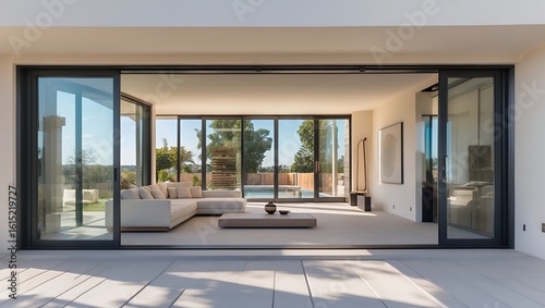 Contemporary Villa Interior with Seamless Indoor-Outdoor Transition, Modern Design, and Abundant Natural Light, Leading to a Private Patio and Pool Area