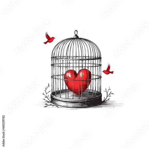 A heart in a birdcage with two birds flying around