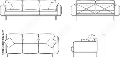 Sofa outline top, front, back, side view. Floor plan icons set for design interior and architectural project. Furniture thin line icon in top view for layout