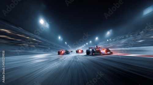 Formula one cars driving fast on a night track with motion blur. 3d rendering Race cars speeding on a night track
