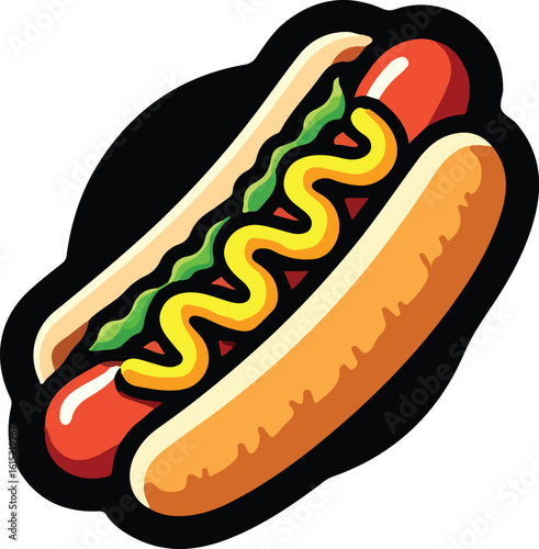 Vibrant hot dog with mustard and relish on a bun sausage  style vector illustration EPS file download