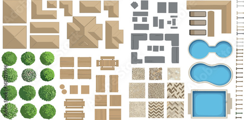 Top View elements for master plans. Trees, furniture, houses, pools, bushes, and tiles. For the architectural plan. Vector illustration