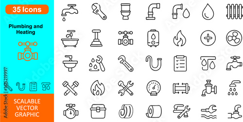 Plumbing & Heating Vector Icon Set — Flat Editable Icons of Pipes, Faucets, Boilers, Wrenches, Radiators, Water Heaters, Tools, Repairs & HVAC Systems for Maintenance & Service Projects

