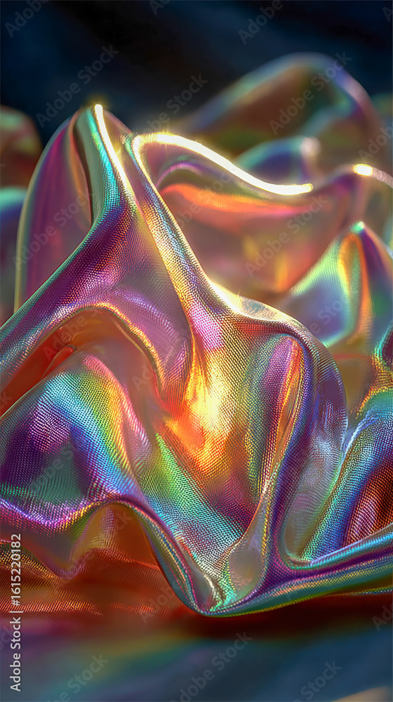 Obraz premium Abstract iridescent swirl with vibrant holographic reflections in soft focus, creating a fluid and dreamy visual effect