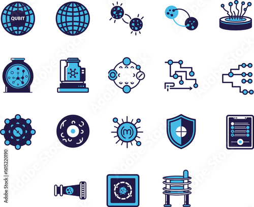 Collection of blue and black vector icons representing quantum computing, security, and related scientific concepts.