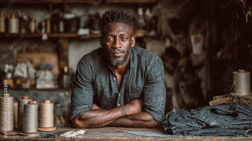 African-American Entrepreneur with Crossed Arms Poses for Camera in Sewing Workshop African-American Entrepreneur with Crossed Arms Poses for Camera in Sewing Workshop