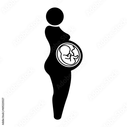 Pregnancy icon silhouette of woman with fetus inside circular womb view, simplified flat vector