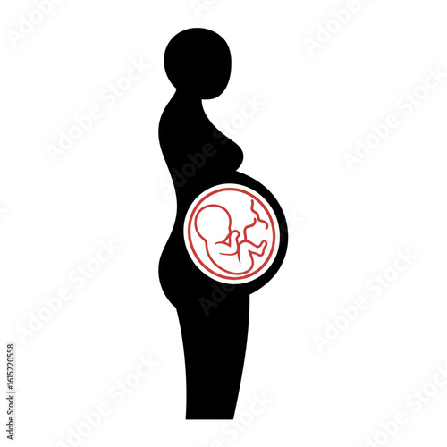 Pregnancy icon in profile with red fetus outline inside womb, black silhouette of pregnant woman