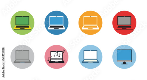 Collection of colorful laptop computers and a desktop computer in oval shapes design
