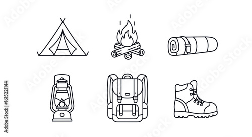 Illustration of camping equipment including a tent, campfire, and sleeping bag item set