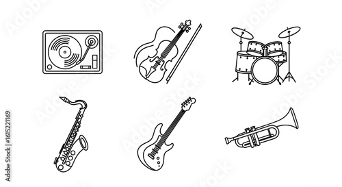 Illustration of various musical instruments including violin, guitar, drums, and saxophone