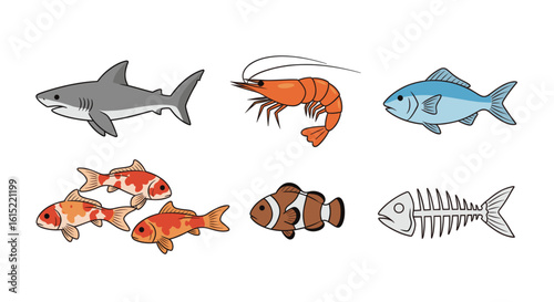Aquatic Assemblage: A vibrant collection of marine life, including a shark, shrimp, various fish species, and a skeletal representation, showcases the diverse wonders of the underwater realm.