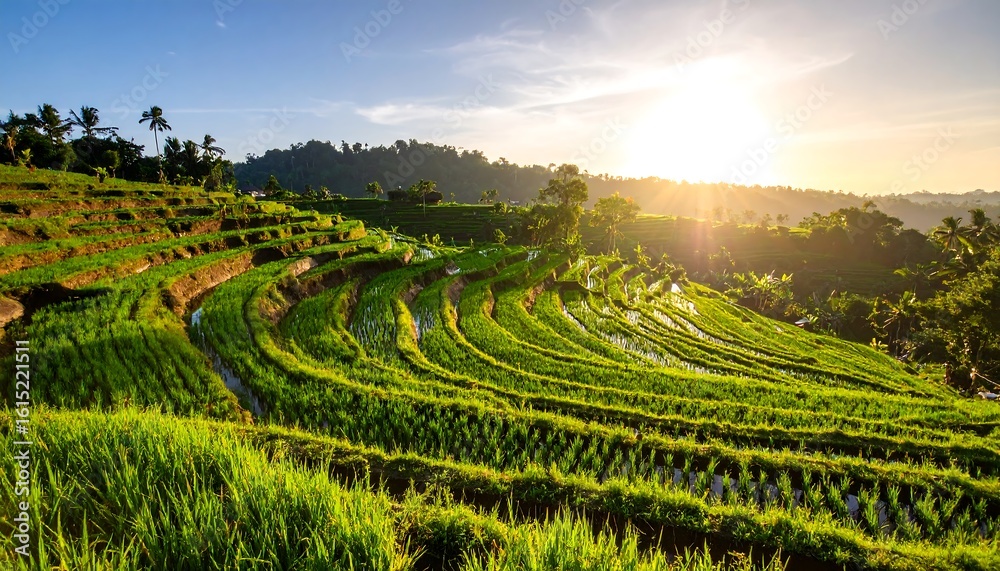 Lush terraced rice paddies at sunrise Lush terraced rice paddies at sunrise