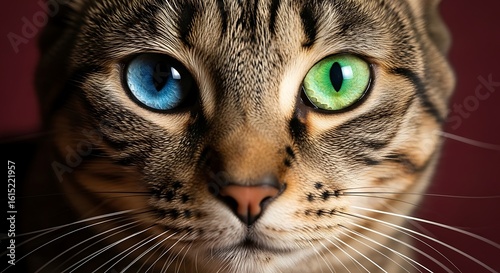 Captivating Close-Up of a Strikingly Unique Cat with Heterochromia, Showcasing Beautiful Irises in Blue and Green, Perfect for Animal Lovers and Pet Enthusiasts Alike