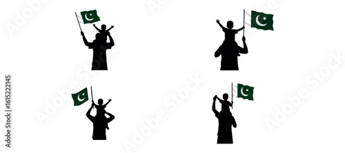 Silhouette of Boy on Father’s Shoulders Waving Pakistan Flag – 14 August Patriotic Vector

