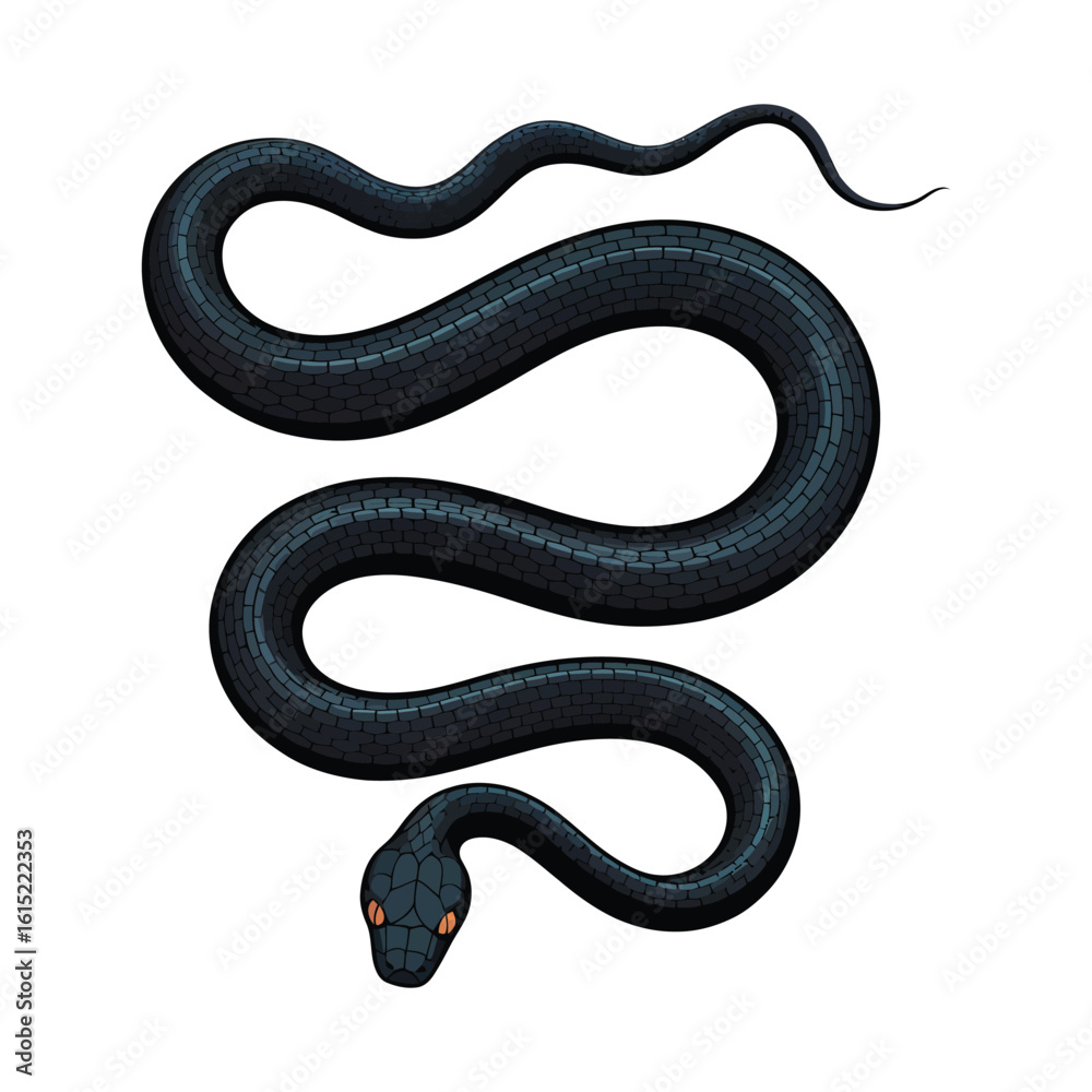 Obraz premium Detailed vector illustration of a coiled black snake with menacing orange eyes. Mystical dark serpent design element isolated on a white background.