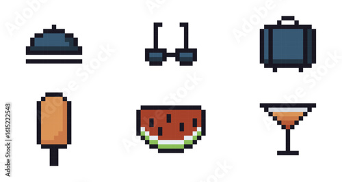 Pixel art icons of popsicle, watermelon slice, and cocktail glass, bell service, sunglasses, and travel suitcase, summer icons, travel icons, pixel art.