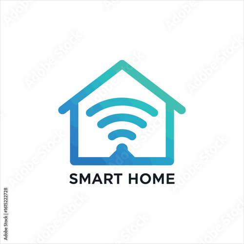 Blue and teal gradient house icon with wifi signal and text smart home
