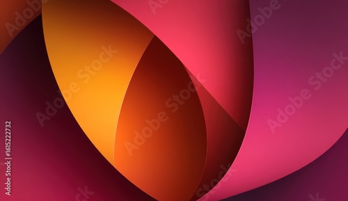 Overlapping curves. Warm tones shift from orange to pink in a layered, petal-like design. Interlocking shapes create depth through shadow and color gradients, abstract and modern