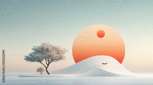 Minimalist winter landscape with trees and sun