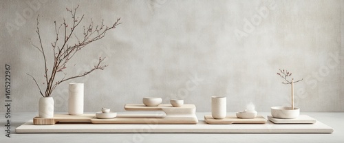 Minimalist arrangement of ceramic and wooden items