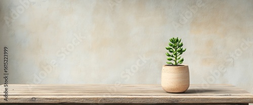 Succulent in a pot on a wooden table