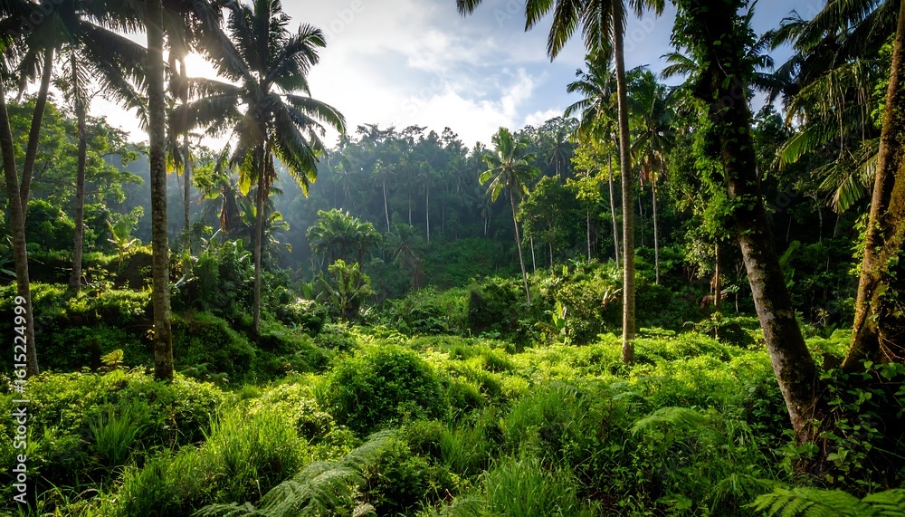Obraz premium Lush tropical forest with sunlight filtering through palm trees