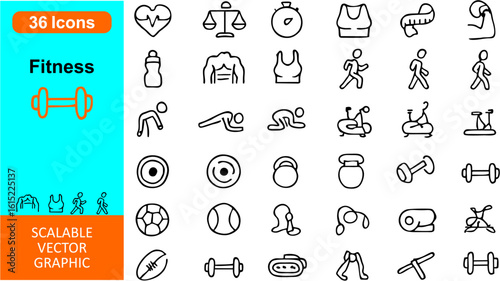 Fitness Vector Icon Set — Flat Editable Icons of Gym, Workout, Dumbbell, Yoga, Running, Muscle, Diet, Exercise, Weightlifting & Healthy Lifestyle for Health, Sports & Wellness Projects

