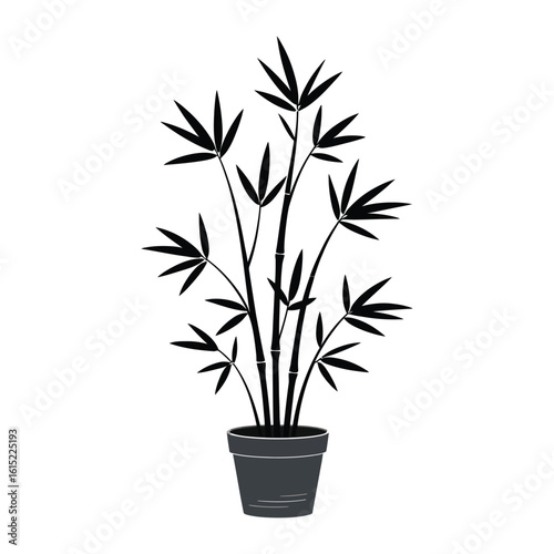 Potted bamboo plant silhouette illustration. Black monochrome icon of a houseplant in a flowerpot isolated on a white background.