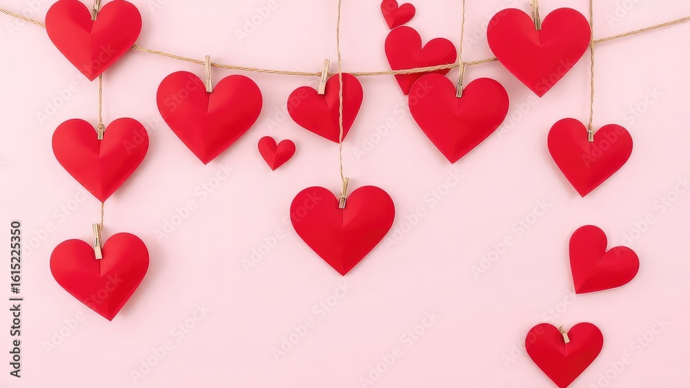 String of Red Hearts Pinned with Clothespins Against Light Pink Backdrop Representing Affection, Love, and Romantic Celebration String of Red Hearts Pinned with Clothespins Against Light Pink Backdrop Representing Affection, Love, and Romantic Celebration