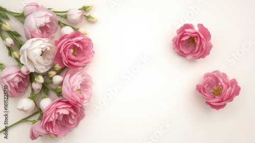Delicate bouquet of pink and white blossoms with lush petals arranged on a soft light background, creating a floral scene.