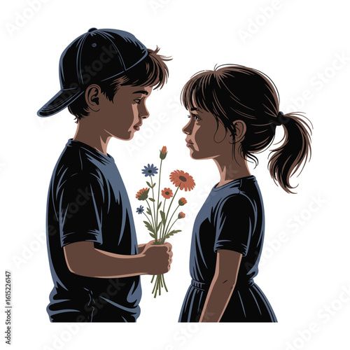 A tender moment of childhood innocence, a young boy gives a girl a bouquet of flowers. Vector illustration of first love.