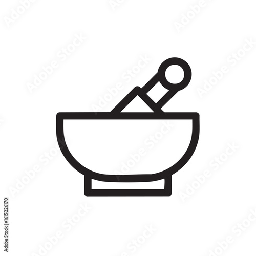 A line drawing of a mortar and pestle on a white background.