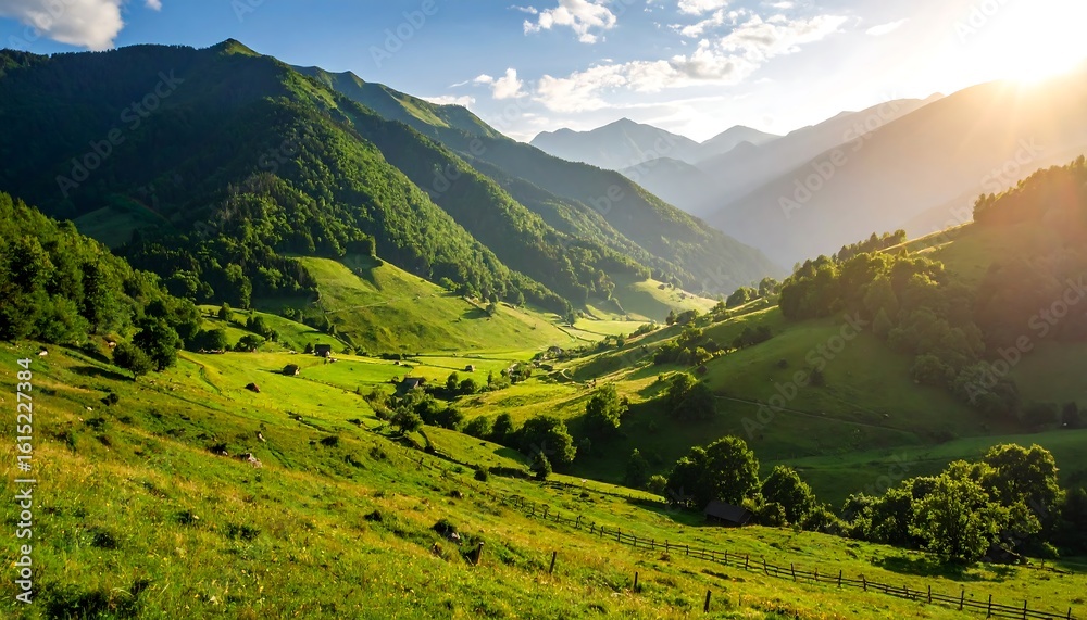 Naklejka premium Lush valley nestled between mountains at sunset