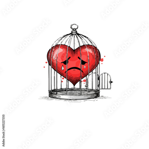 A red heart trapped inside of a birdcage art
