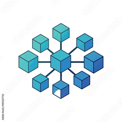 Network of blue cubes connected by lines on white background connection technology