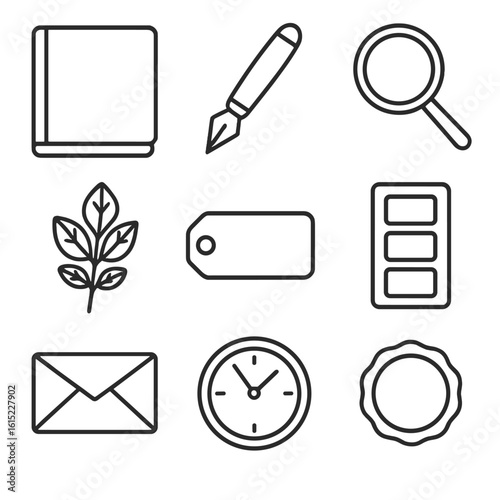 Herb Identification Icons. Line style icons of Herb Identification Notebook: blank sketch page, botanical pen, magnifying lens,
