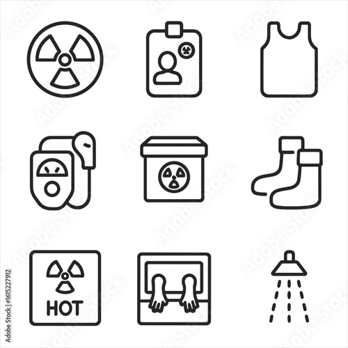 Radiation Safety Icons. Line style icons of Radiation Safety Protocols: radiation trefoil, dosimeter badge, lead apron, survey