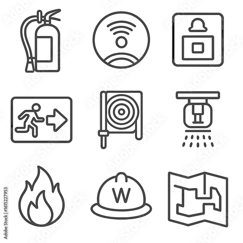 Fire Safety Icons. Line style icons of Fire Safety Basics: fire extinguisher, smoke detector, fire alarm pull station, emergency