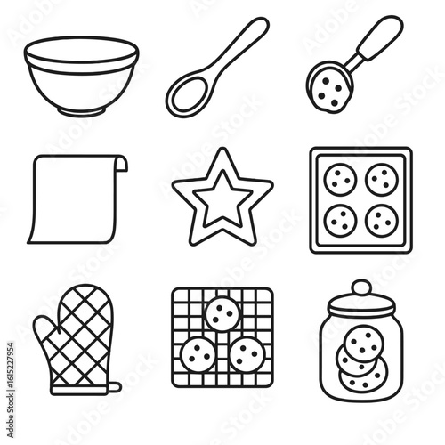 Cookie Baking Icons. Line style icons of Cookie Baking Kit: mixing bowl, wooden spoon, chocolate chip scoop, rolled dough sheet,