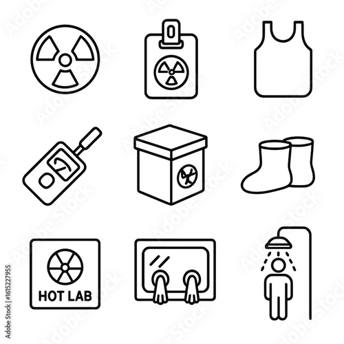 Radiation Safety Icons. Line style icons of Radiation Safety Protocols: radiation trefoil, dosimeter badge, lead apron, survey