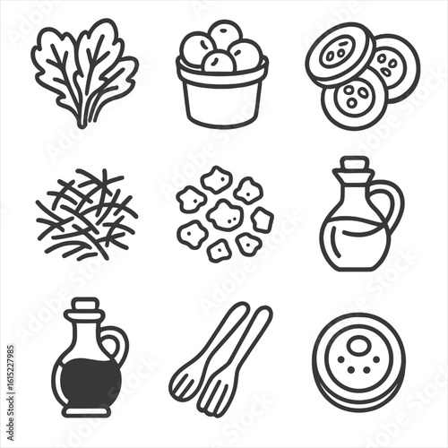 Salad Bar Icons. Line style icons of Salad Bar Bowls: leafy green mix, cherry tomato cup, sliced cucumber, shredded carrot, feta