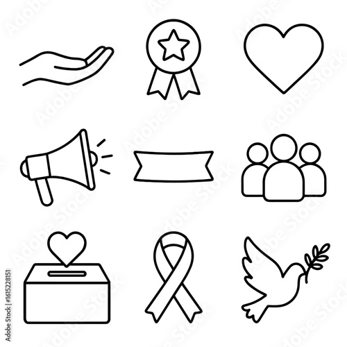 Community Support Icons. Line style icons of Community Support Group Hug: helping hand icon, volunteer badge icon, heart emblem,