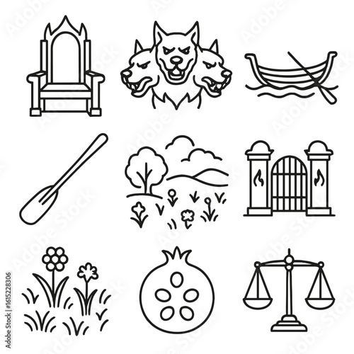 Underworld Icons. Line style icons of Underworld Realms: Hades throne, Cerberus heads, River Styx boat, Charon oar, Tartarus gate,