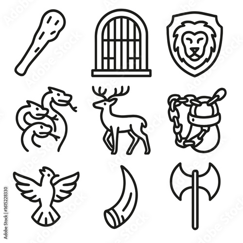 Heroic Trials Icons. Line style icons of Heroic Trials: labors club, Augean stables gate, Nemean pelt, Hydra head, Ceryneian deer,